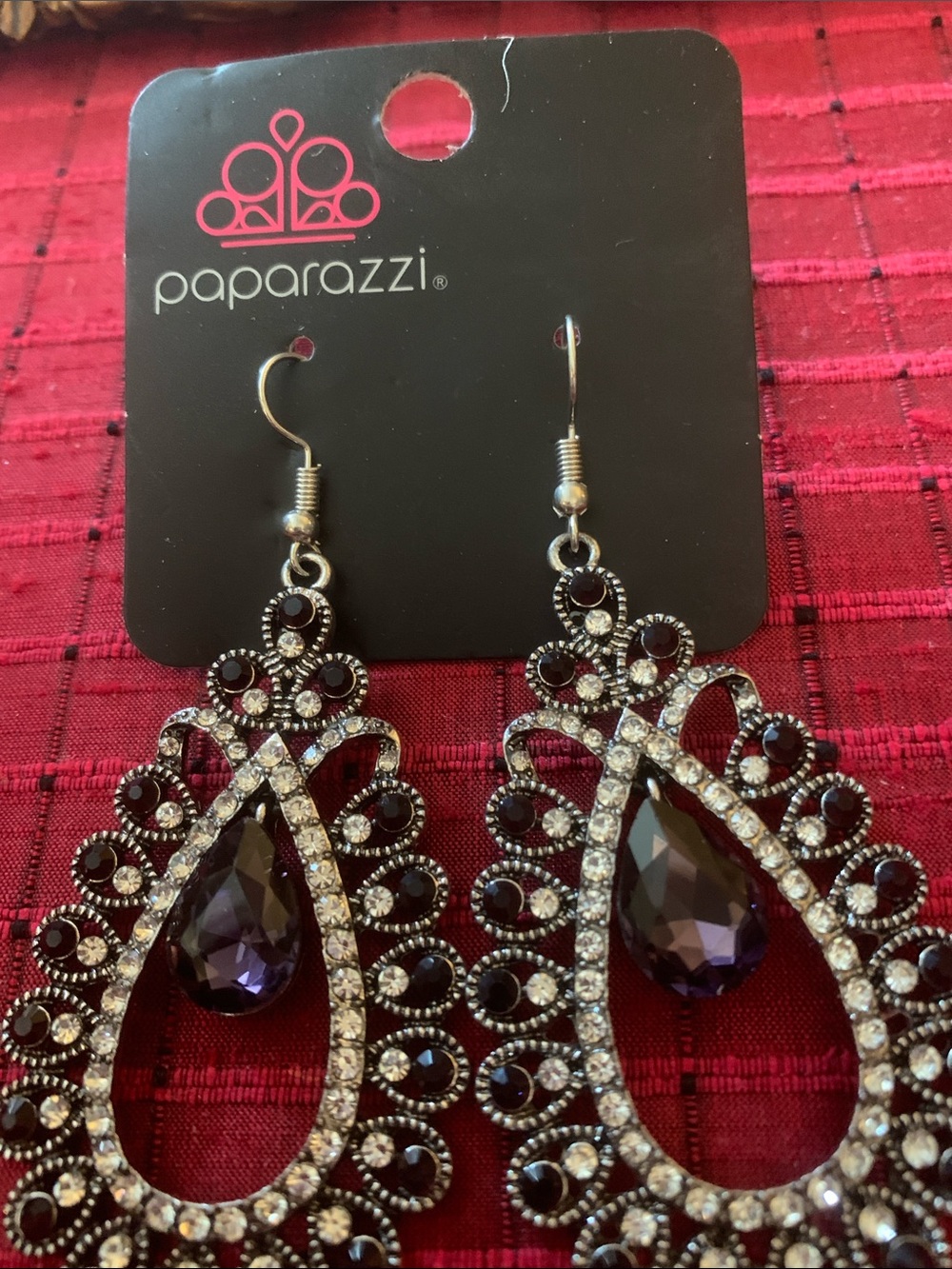 paparazzi Purple Teardrop Crystal Filigree Dangle Earrings - Picture 2 of 4